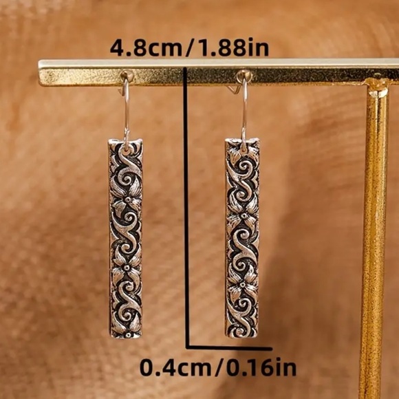 Silver Boho Floral Engraved Drop Earrings - Picture 4 of 4